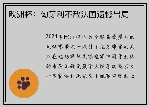 欧洲杯：匈牙利不敌法国遗憾出局